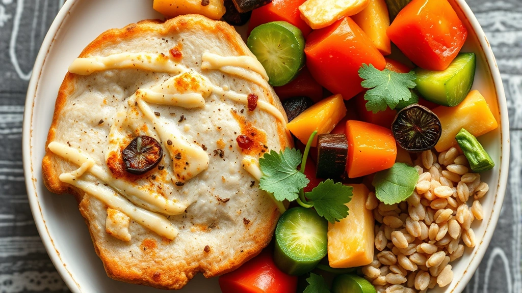 Overhead shot of a balanced meal with lean protein, colorful vegetables, and whole grains on a plate, natural lighting, fresh ingredients visible