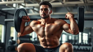 Athletic person performing barbell back squat with perfect form in well-lit gym, focused expression, natural lighting highlighting muscular definition