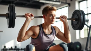 Person doing barbell squats in a bright gym with natural light, focused expression, proper form, athletic wear, no logos visible
