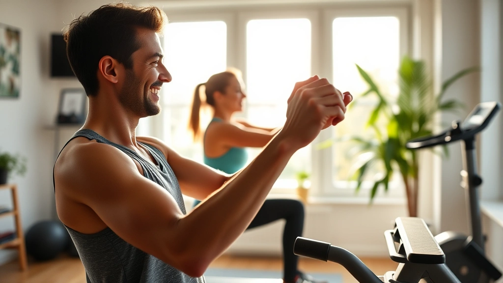 Person doing a morning workout routine in a bright home gym space, smiling with natural light coming through windows, showing genuine enjoyment of exercise