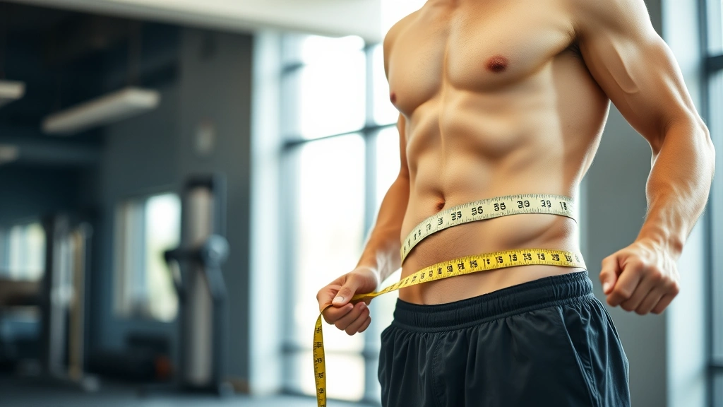 Fit person measuring waist with tape measure in bright gym, focused and confident expression, natural lighting