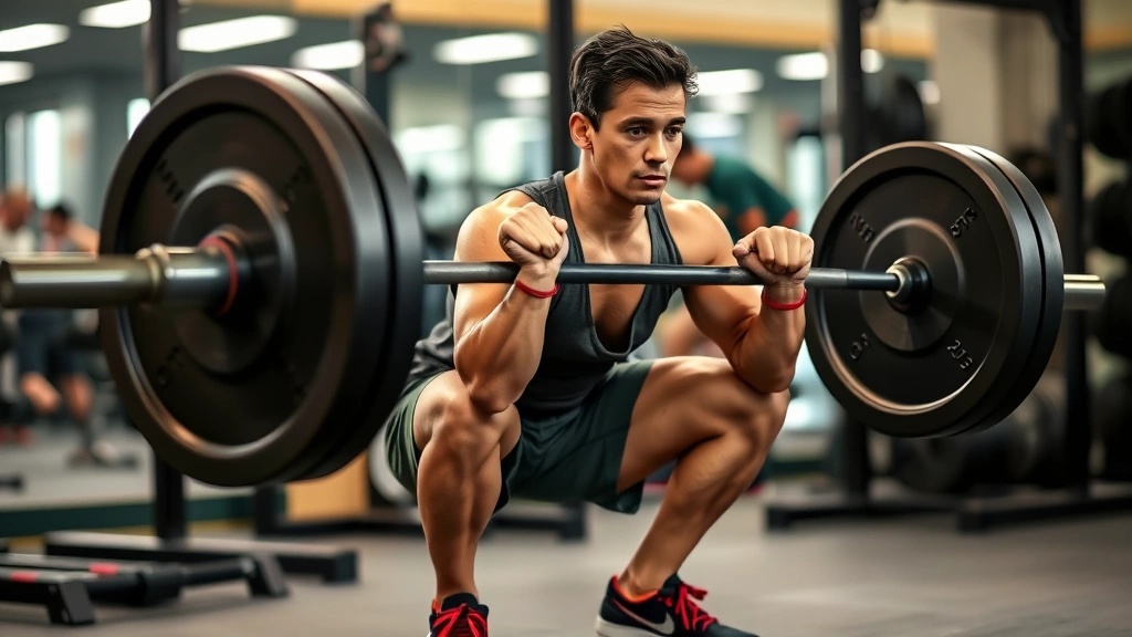 Someone doing weighted barbell squats with proper form, intense but controlled, gym environment with blurred background