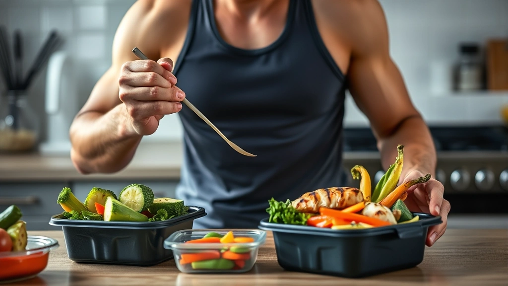 Athletic individual eating grilled chicken and vegetables at meal prep container, healthy whole foods visible, kitchen setting