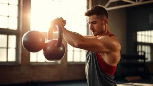 Person doing a kettlebell swing in a sunlit gym, focused expression, athletic wear, mid-movement showing power and control