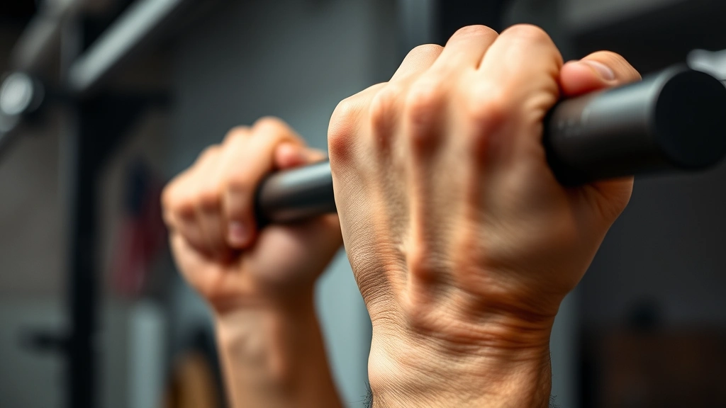 Close-up of someone's hands gripping a pull-up bar, showing grip strength and determination, gym background slightly blurred