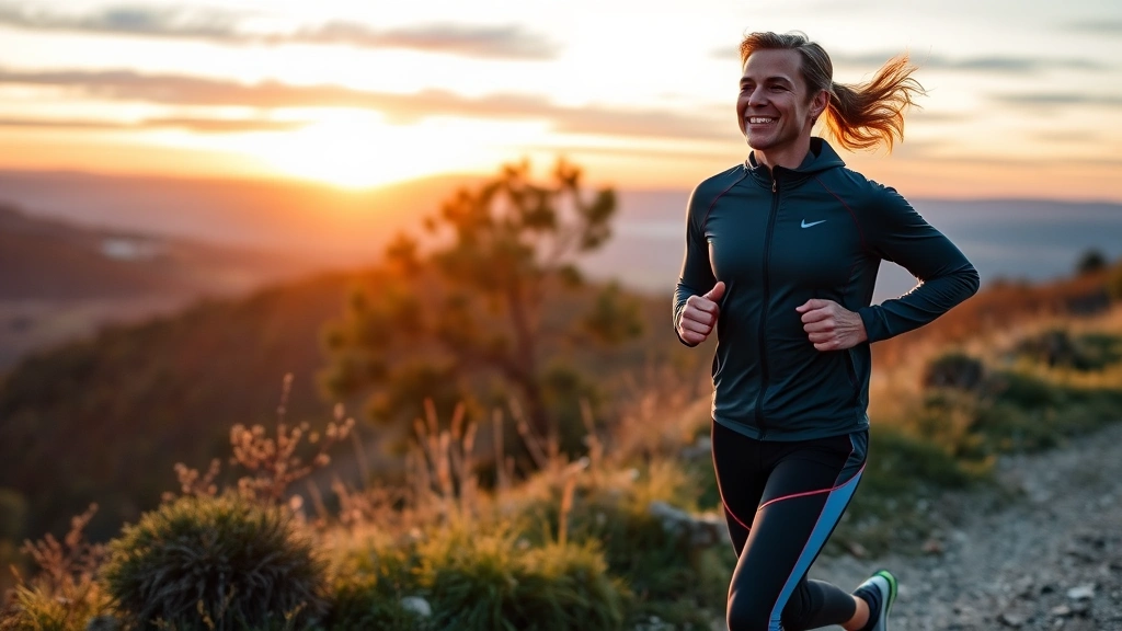 Active person jogging outdoors on a scenic trail at sunrise or sunset, natural landscape background, athletic wear, genuine smile showing enjoyment of movement