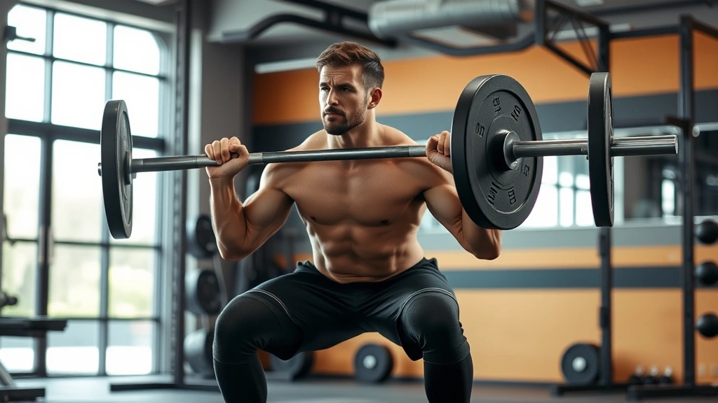 Athletic person doing a heavy barbell squat with proper form in a well-lit gym, showing strength and focus