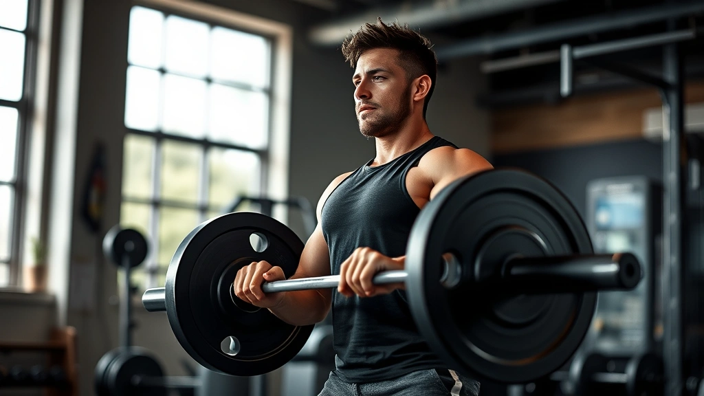 Person doing a barbell deadlift with proper form in a commercial gym, focused expression, strong posture, natural lighting from gym windows