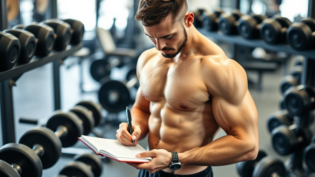 Fit man recording workout data in a notebook at the gym, surrounded by dumbbells and weight plates, concentrating on tracking progress with pen and paper