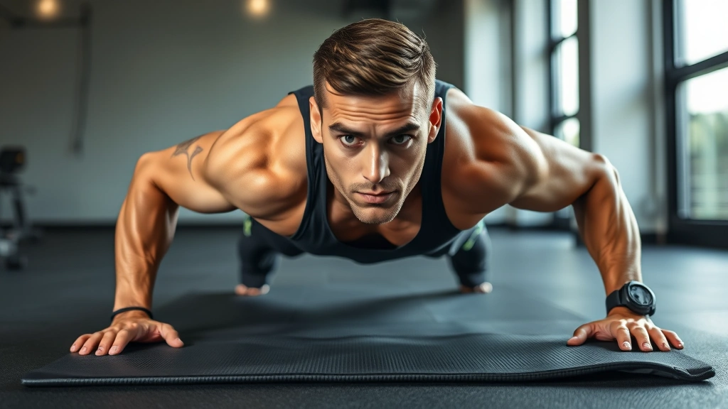 Person doing push-ups on a gym mat, focused expression, natural lighting, athletic wear, clean modern gym background