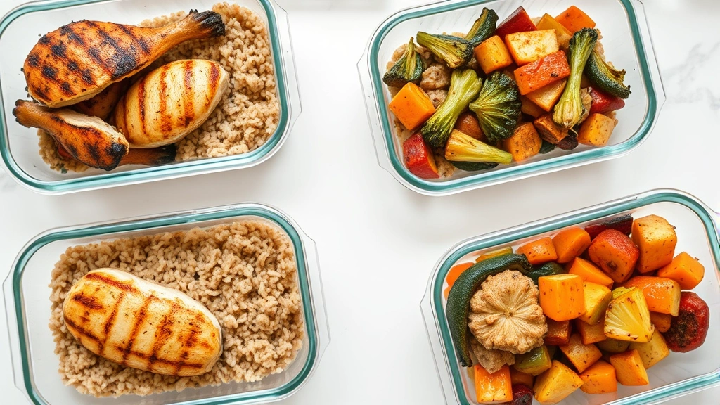 Overhead shot of prepared meals in containers: grilled chicken, brown rice, roasted vegetables, bright kitchen counter setting