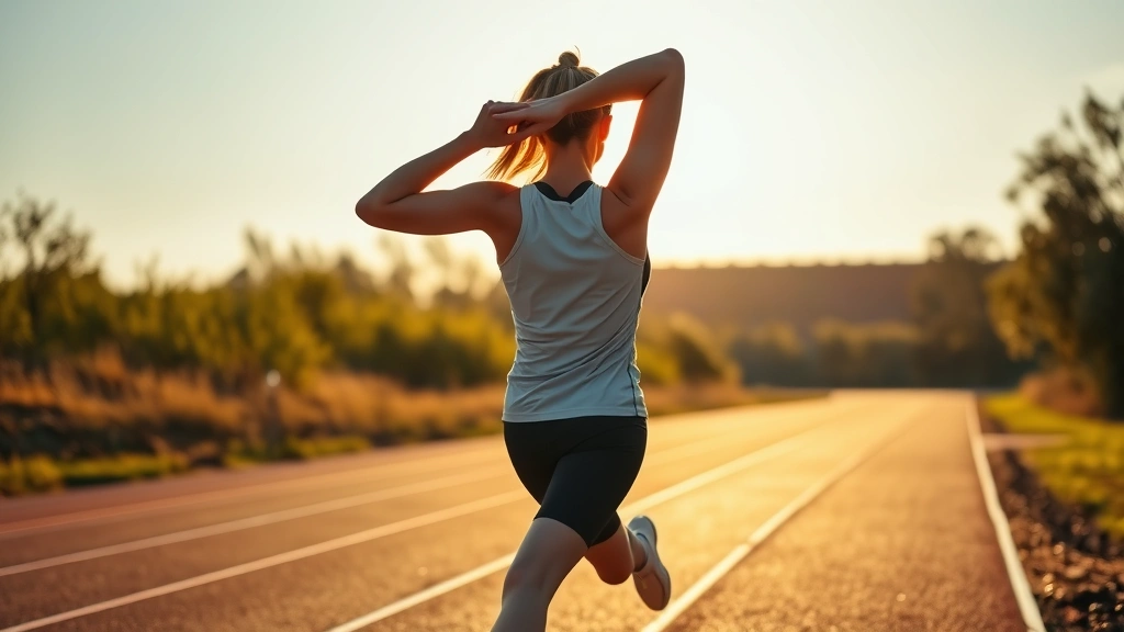 Runner stretching hamstrings on a track or outdoor path, golden hour lighting, relaxed posture, athletic attire, natural environment