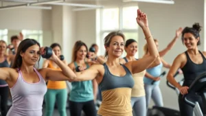 A diverse group of people of various ages and fitness levels doing different exercises in a bright gym—some lifting dumbbells, some on cardio machines, some stretching—showing real, inclusive fitness without ego