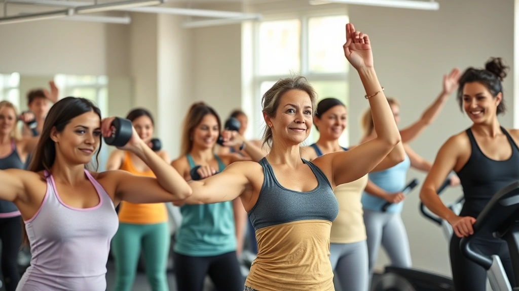 A diverse group of people of various ages and fitness levels doing different exercises in a bright gym—some lifting dumbbells, some on cardio machines, some stretching—showing real, inclusive fitness without ego