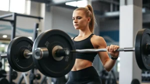 Athletic woman performing a heavy barbell deadlift in a commercial gym with proper form, focused expression, natural gym lighting, no visible weights numbers
