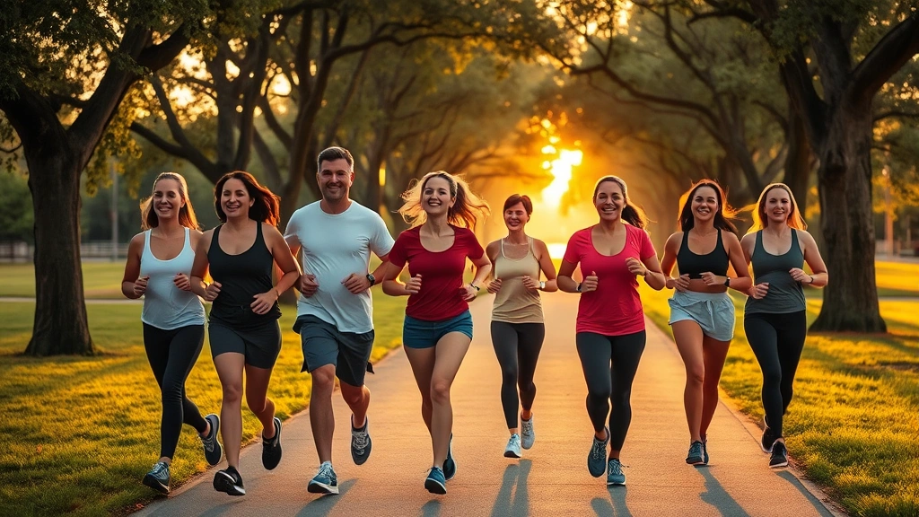 Group of diverse people jogging together on a tree-lined path during golden hour, smiling and engaged, showing community and enjoyment in fitness