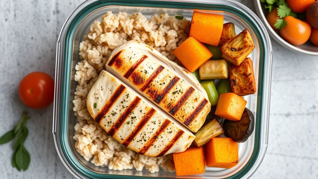 Overhead view of a meal prep container with grilled chicken breast, brown rice, and roasted vegetables, fresh and colorful, professional food photography style