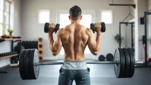 Athletic person performing a proper deadlift with dumbbells in a bright home gym, showing engaged core and neutral spine, natural lighting from windows