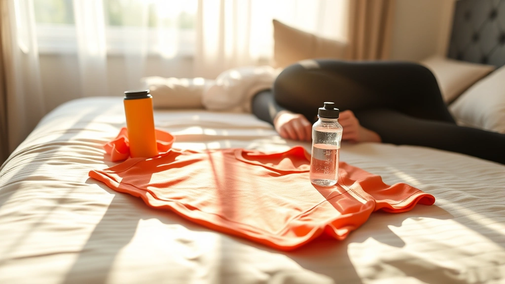 Person laying out workout clothes and water bottle on bed in morning sunlight, preparing for exercise, calm and intentional preparation