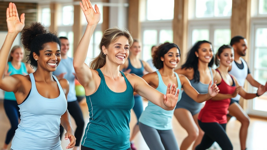 Group fitness class with diverse participants smiling and exercising together, energetic supportive atmosphere, natural lighting from windows