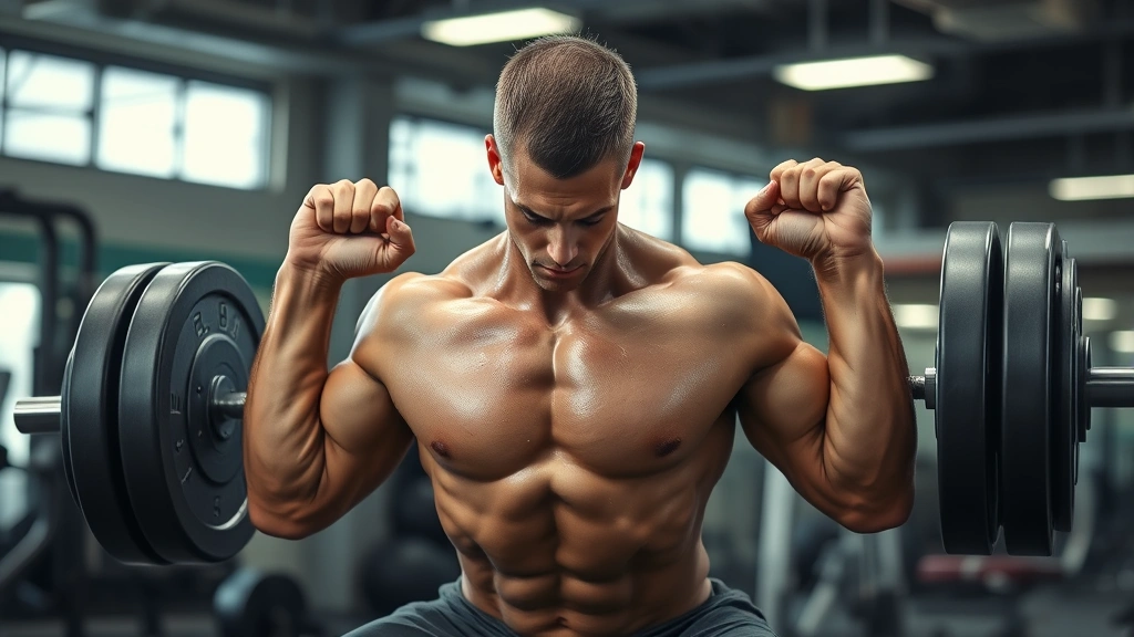 Muscular athlete performing heavy barbell back squat at full depth in a commercial gym, sweat visible, concentrated expression, natural gym lighting, realistic photo