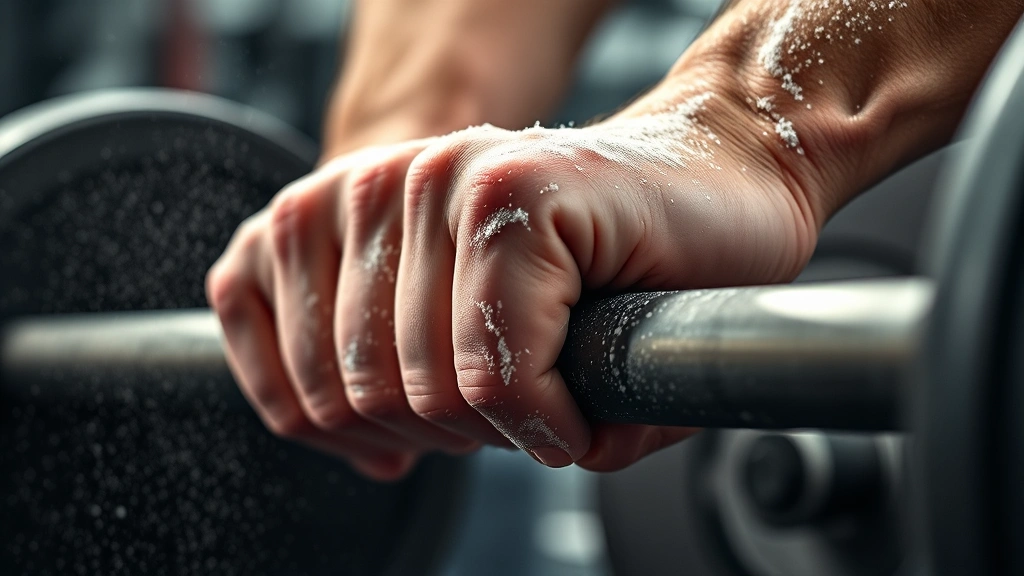 Close-up of hands gripping a loaded barbell with chalk dust, showing finger position and grip strength, ready for a heavy lift, dramatic gym lighting