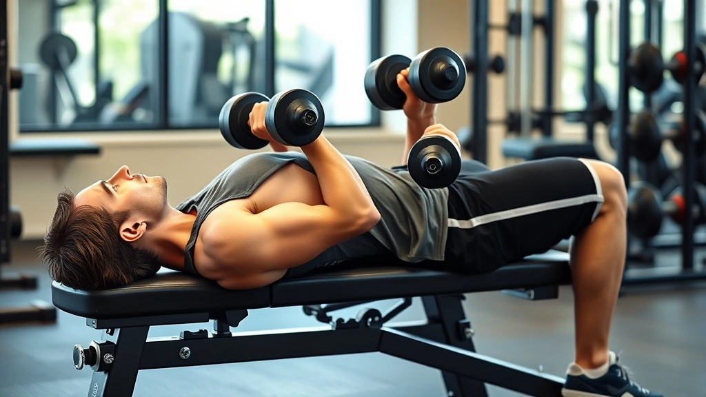 Person doing dumbbell bench press on a flat bench with perfect form, arms extended, dumbbells at chest level, professional gym setting, side angle view