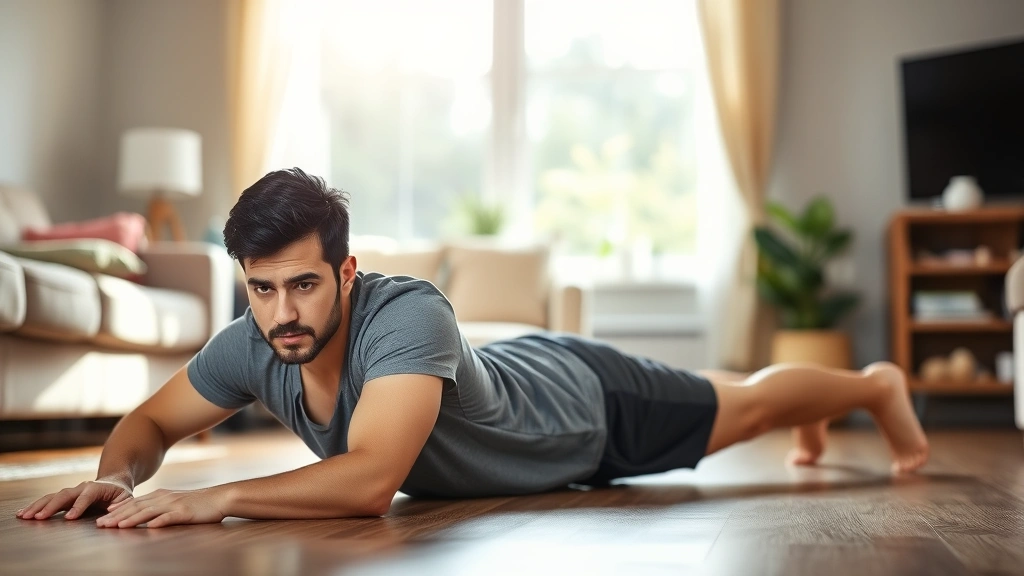 Person doing push-ups on living room floor with focused expression, natural lighting from window, comfortable home setting