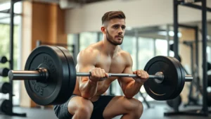Athletic person doing a barbell squat in a modern gym, focused expression, proper form with full depth, natural gym lighting