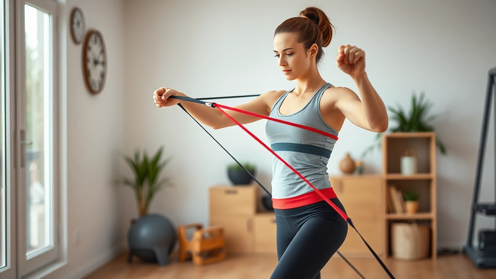 Woman performing resistance band exercises in home gym space, bands around body, showing strength and control during movement