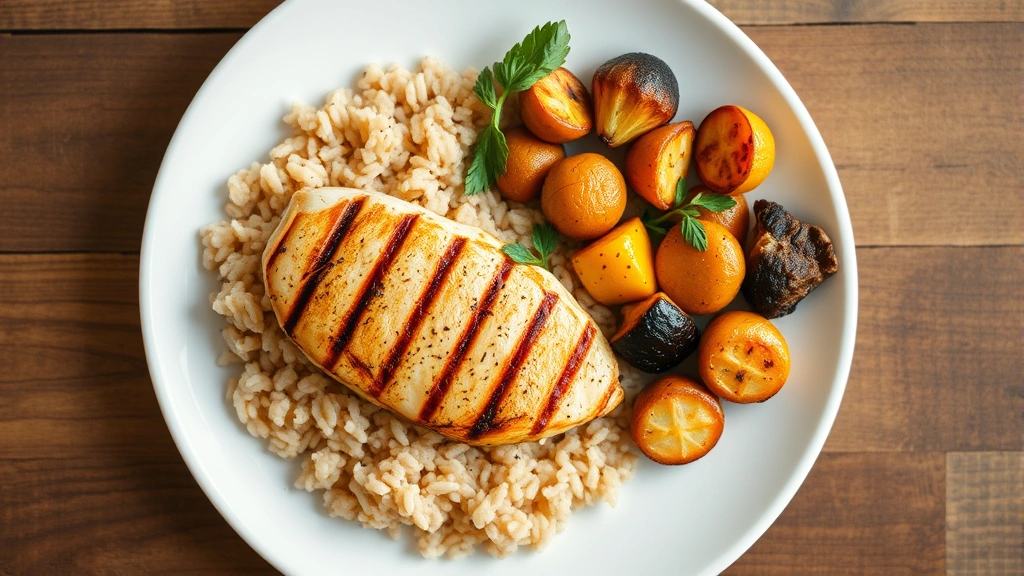 Overhead view of a balanced meal plate with grilled chicken breast, brown rice, and roasted vegetables, clean white plate on a wooden table