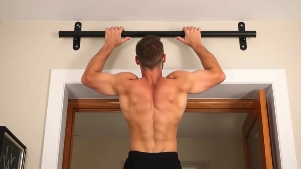 Man doing pull-ups on doorway bar installation, athletic build, demonstrating proper form with engaged core and shoulders