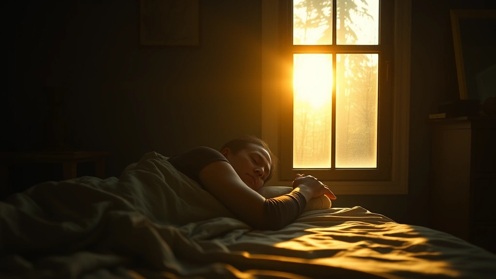 Person sleeping peacefully in a dark bedroom, relaxed posture, morning sunlight just starting to come through window