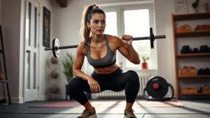 Athletic woman performing a perfect bodyweight squat in a bright home gym, focused expression, natural lighting from window, motivational but realistic setting