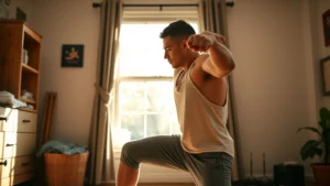 Person doing a home workout in casual clothes, genuine effort and focus, morning sunlight through window, no equipment visible