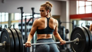 Athletic woman performing a perfect form deadlift in a modern gym, focused expression, proper spinal alignment, controlled movement captured mid-rep