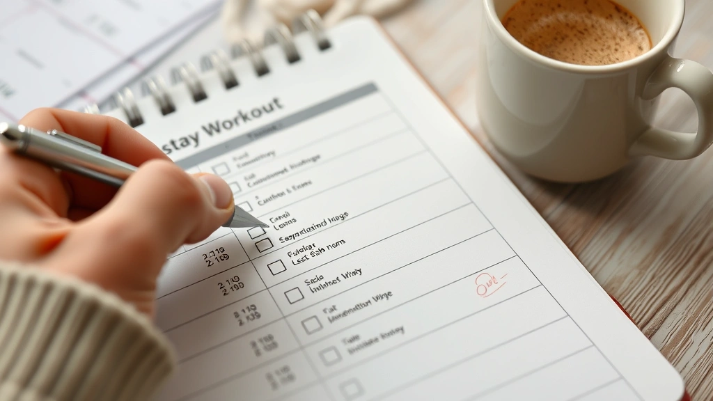 Close-up of someone's hand checking off a workout on a calendar or notebook, realistic morning scene with coffee nearby