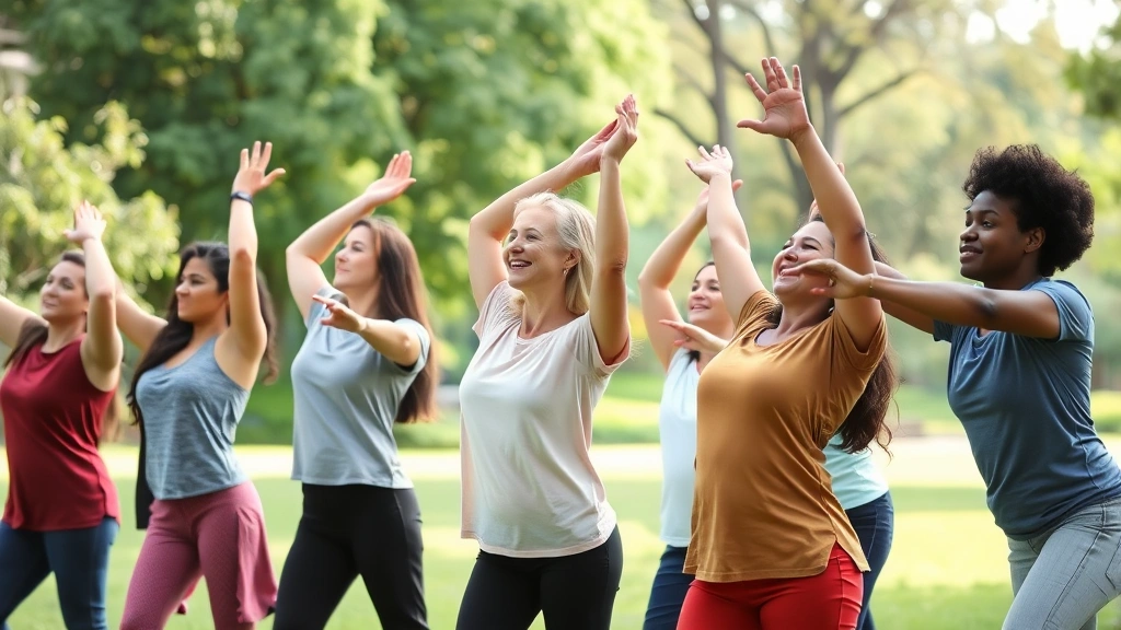Group of diverse people stretching or doing light movement together outdoors, relaxed and smiling, natural park setting