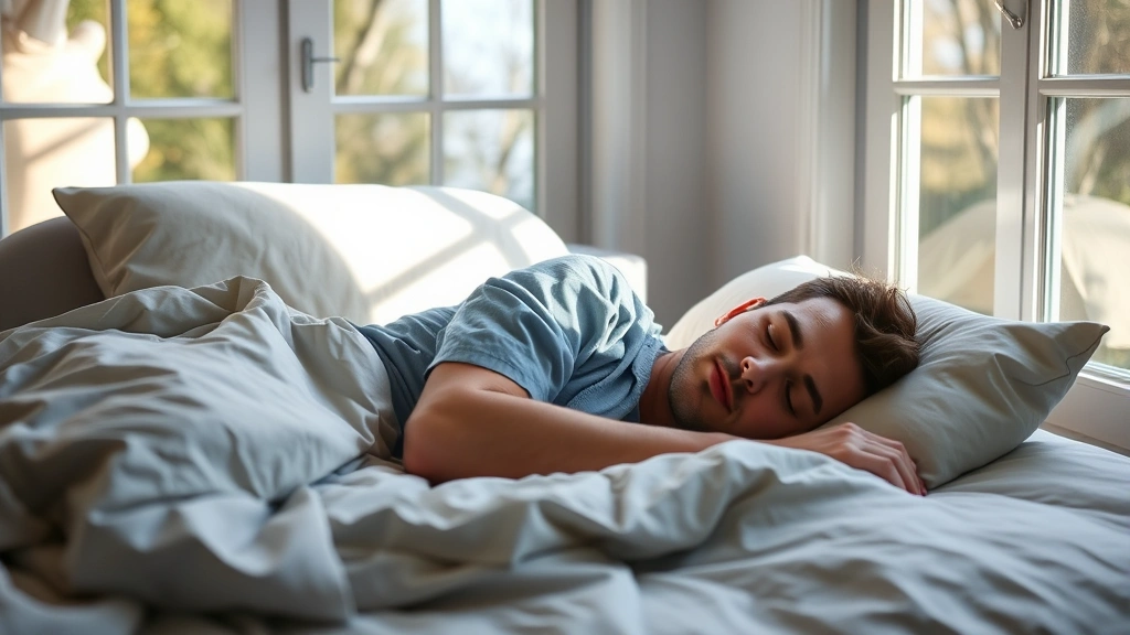 Person sleeping peacefully in bed with natural morning light streaming through windows, demonstrating quality sleep and recovery