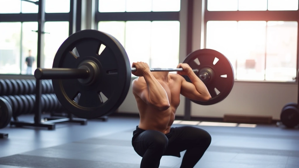 Person performing a barbell squat with perfect form in a well-lit gym, showing controlled movement and engaged core muscles