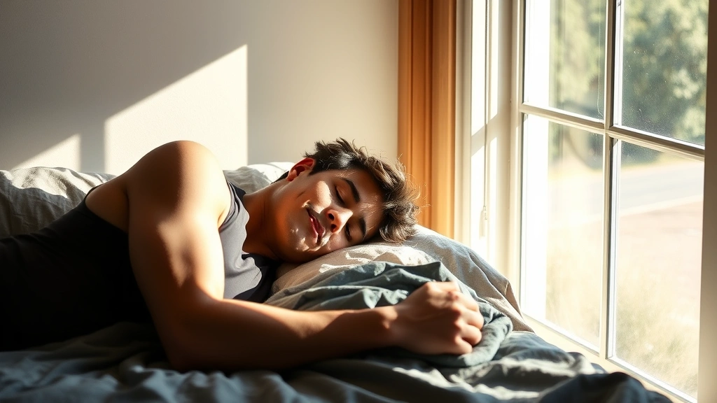 Athlete sleeping peacefully in natural sunlight streaming through bedroom window, representing recovery and rest importance
