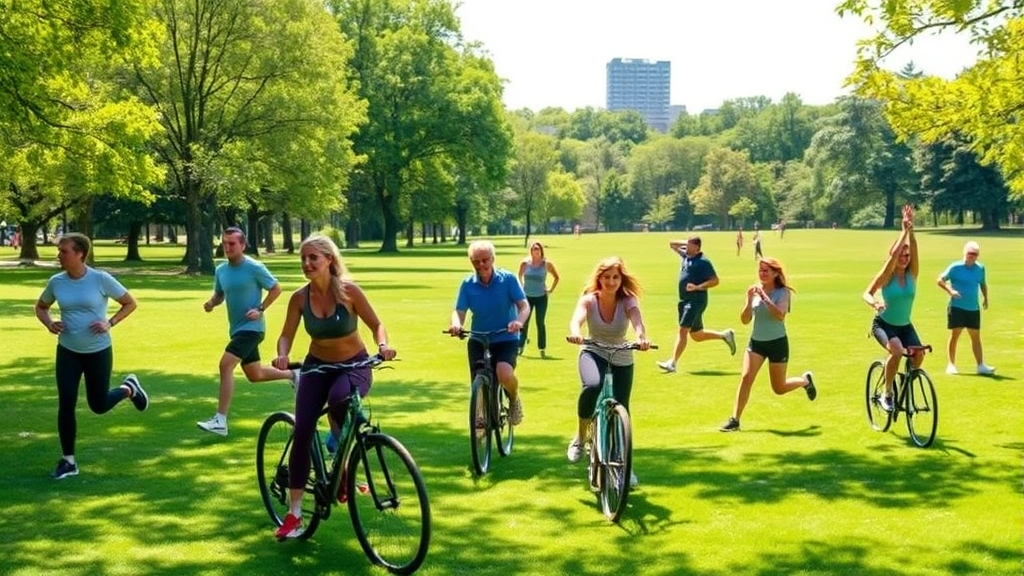 Mixed group of people doing various outdoor exercises—running, cycling, stretching—in a green park on a sunny day