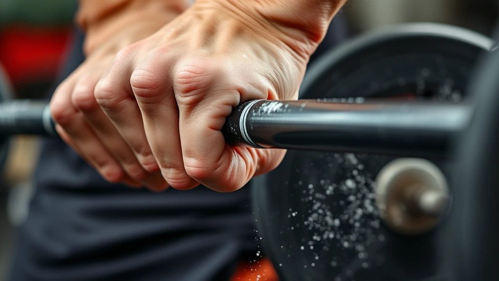 Close-up of someone's hands gripping a barbell with chalk dust visible, demonstrating proper grip technique during a heavy lift.