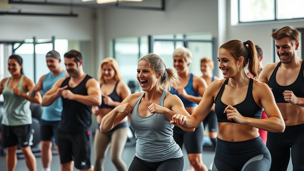 Diverse group of people of different ages and fitness levels exercising together in a gym, showing encouragement and community support during training.