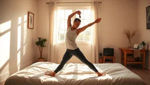Person doing morning stretches in sunlit bedroom wearing comfortable workout clothes, natural light streaming through window, peaceful and calm atmosphere