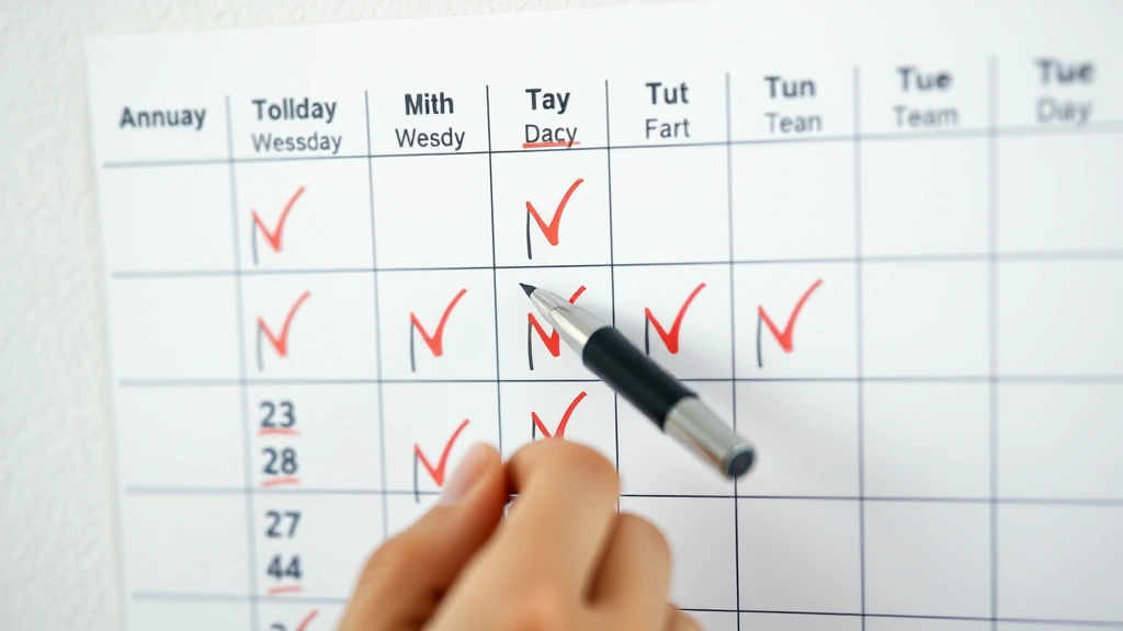 Close-up of someone's hand marking off workout days on a wall calendar with a pen, showing multiple weeks of consistent check marks