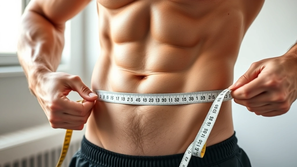 Fit individual measuring waist circumference with measuring tape, showing muscle definition, natural lighting, motivational fitness progress moment