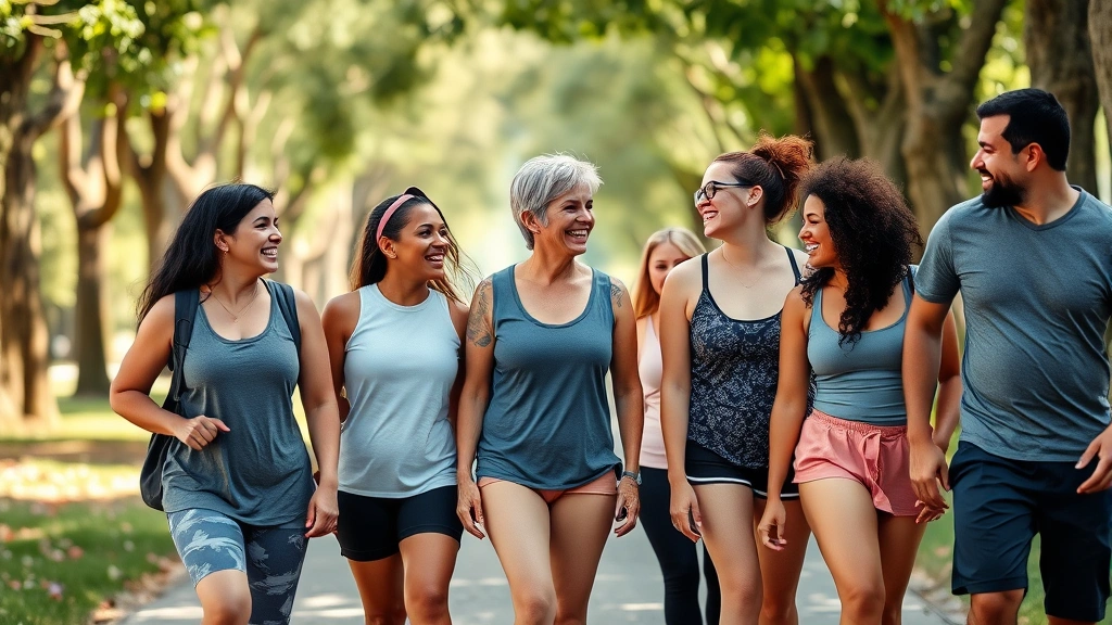 Group of diverse people of different ages and body types walking together outdoors on a tree-lined path, smiling and chatting, casual athletic wear, genuine joy and community