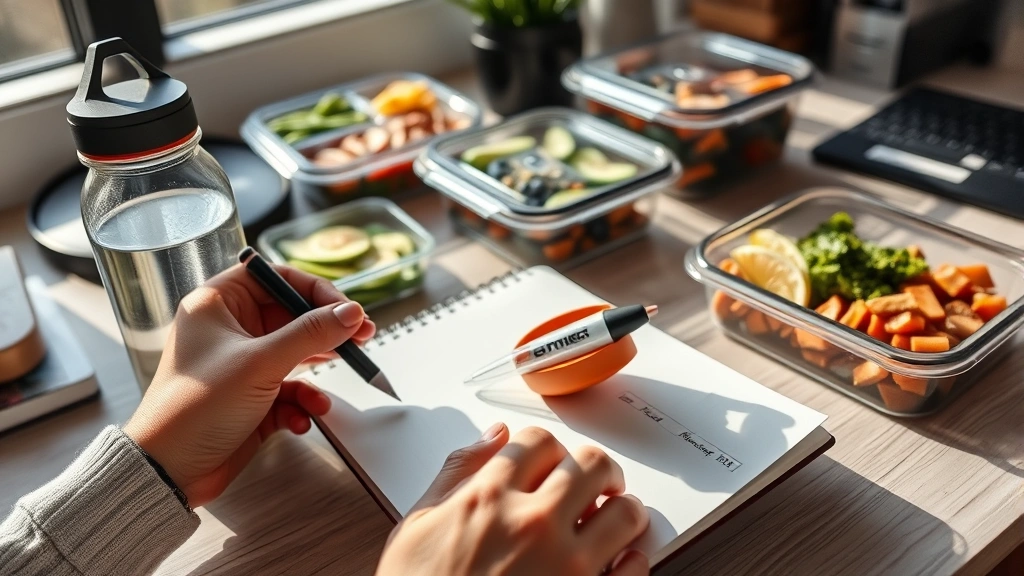 Close-up of someone's hands holding a notebook and pen next to a water bottle and healthy meal prep containers, desk workspace, morning sunlight, tracking progress and planning