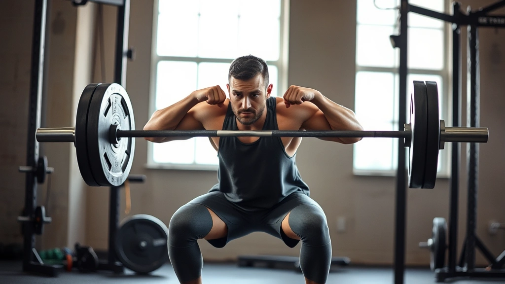Person doing compound barbell squat in a gym with proper form, strong posture, focused expression, natural lighting from gym windows, no filters